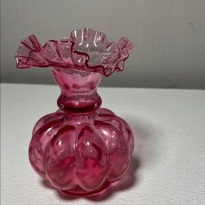 Fenton Art Glass Cranberry Pink Pinch Ruffle Top Bulbous Melon Shape Vase
